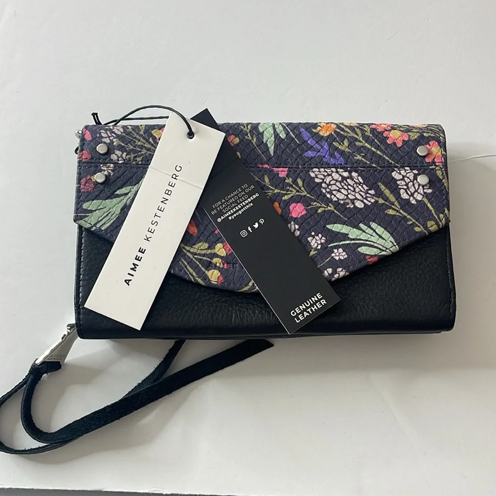 Aimee Kestenberg Delancey Wallet on a Chain Black Floral Leather Silver